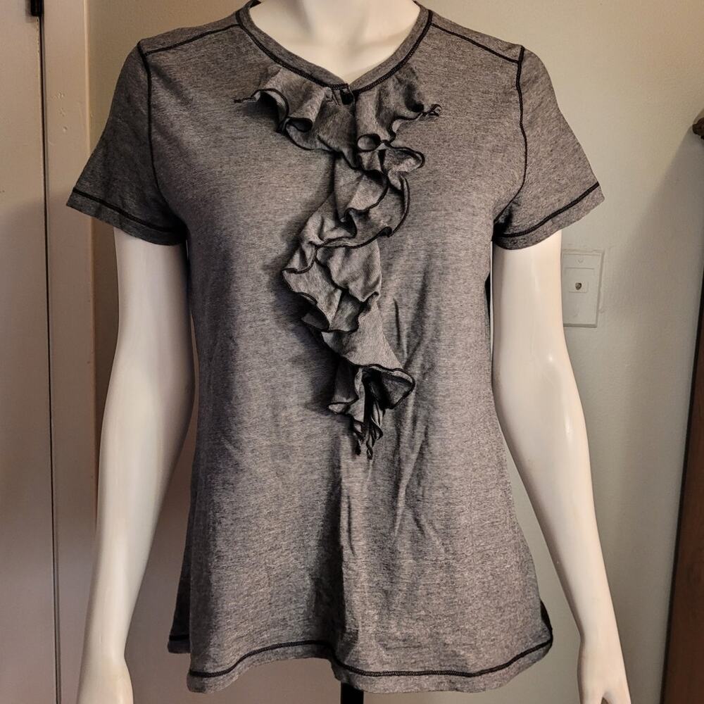 LAUREN RALPH LAUREN LRL Gray Stripe Ruffle Poet Top  L Cotton Coastal Grandma